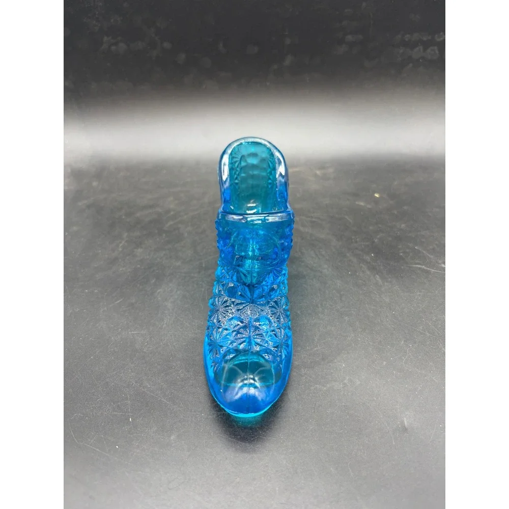 Vintage Blue Glass Slipper Daisy and Button Pattern Shoe Figurine‎